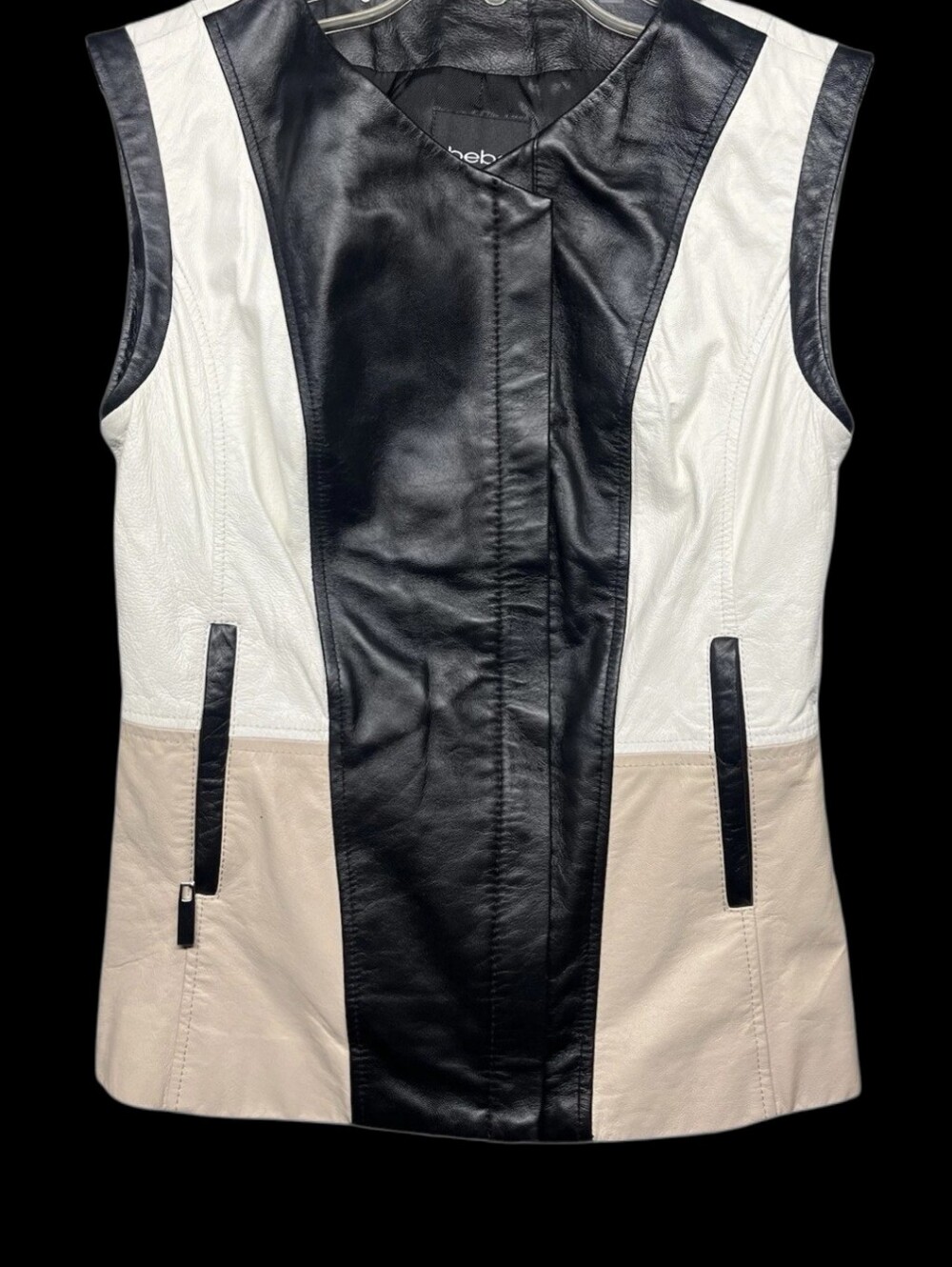 bebe Womens Leather Black, White & Tan Colorblock Leather Vest - Picture 3 of 10